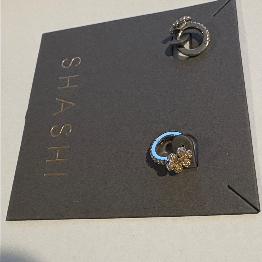 SHASHI Silver Plated Pave Floral Huggie Petite Earrings - Picture 6 of 8